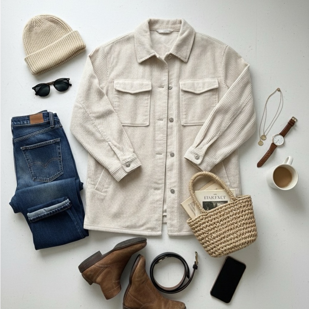 H&M Cream Corduroy Jacket Divided Shacket Fall Staple‎ Autumn